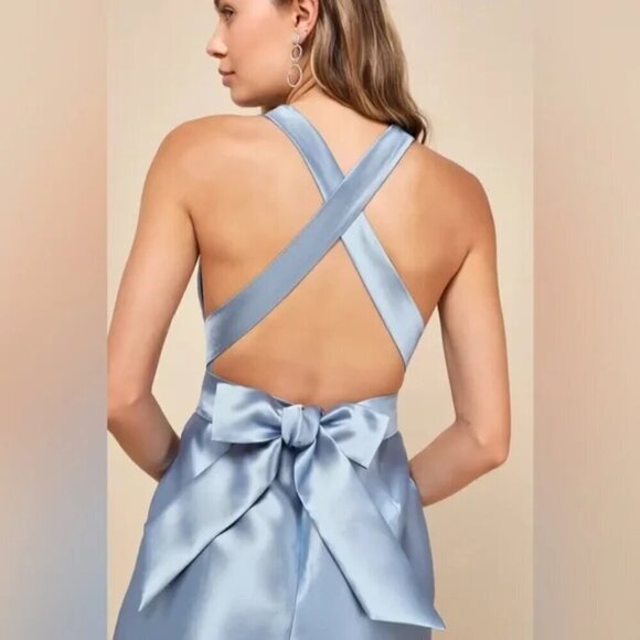 Lulus Womens Backless Bow Mini Dress Slate Blue Taffeta - Picture 3 of 4